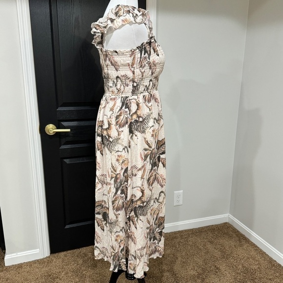 ALLSAINTS Mali Ukushisa Midi Dress Smocked Ruffle Safari Animal Print Size 10 - Picture 7 of 11